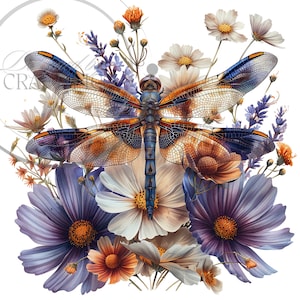 May include: A colourful dragonfly with blue, orange and brown wings is perched on a bouquet of purple, white and orange flowers. The flowers are arranged in a circular shape around the dragonfly.
