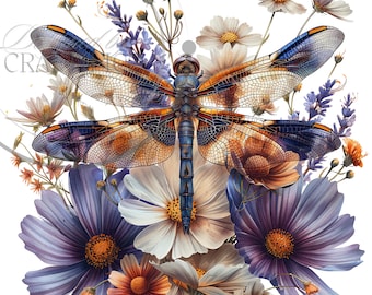 Watercolor Dragonfly Floral Clipart Sublimations Bundle, Insect PNG Clipart, Decorative Collection, Dragonflies Card Making Invitation PNG