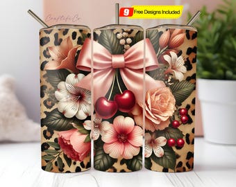 Leopard Cherry Tumbler Wrap Png Glossy Cherries Sublimation Design For 20Oz Skinny Tumblers Coquette Bow Print Digital Download