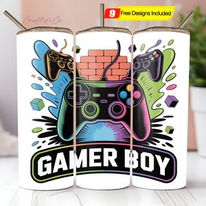 Seamless Gamer Boy Tumbler Wrap PNG Design, 20 oz Skinny Tumbler Sublimation Game Controller PNG Design Digital Download
