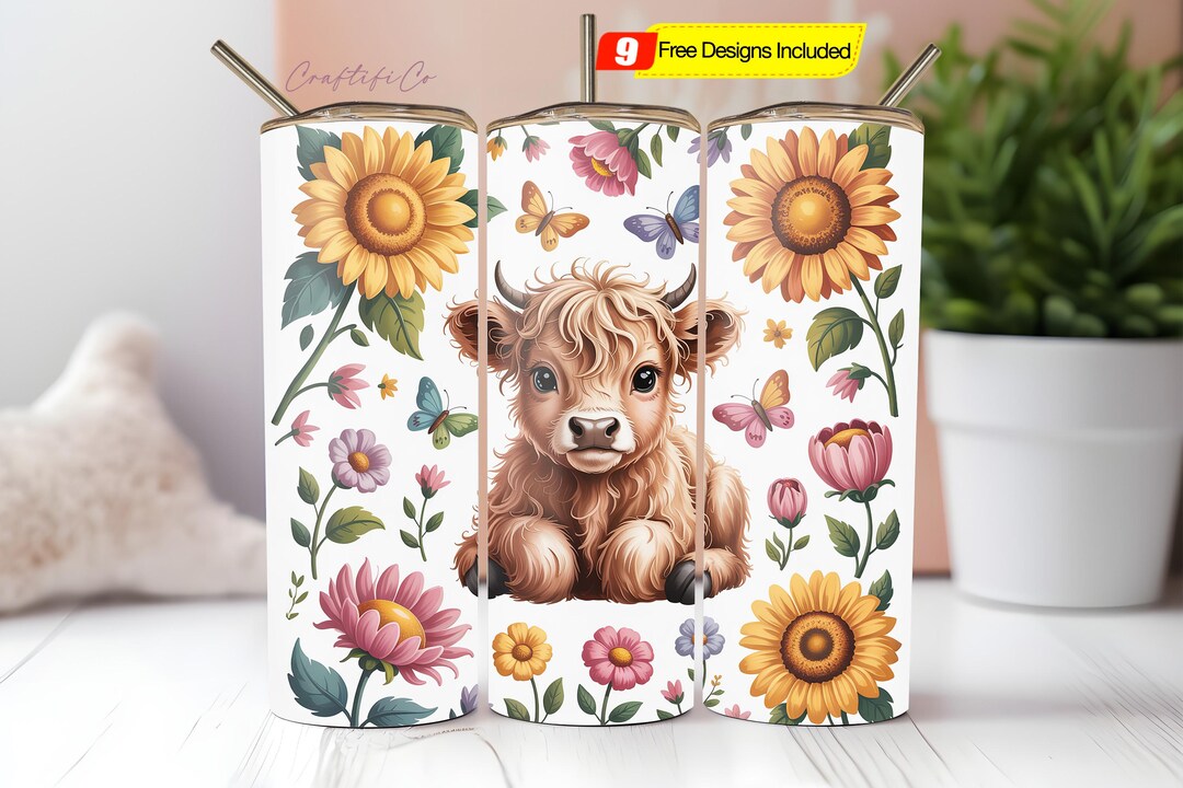 Cute Highland Cow 20oz Tumbler Wrap PNG, Sunflowers Tumbler Design ...