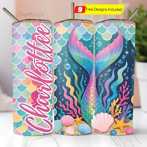 Mermaid 20oz Tumbler Wrap Customizable PNG Design, kids 12 oz sippy or flip top cup, 20 skinny sublimation template, glittery iridescent