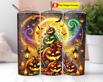 Emballage de gobelet citrouilles d'Halloween, 20 oz gobelet skinny sublimation Design PNG, emballage de gobelet d'Halloween, emballage de gobelet fantasmagorique, téléchargement numérique
