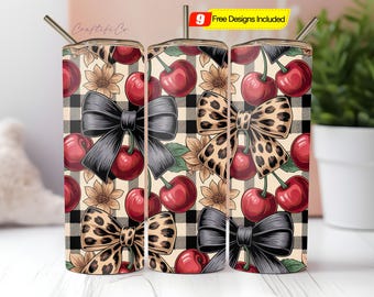 Leopard Cherry Tumbler Wrap PNG Glossy Cherries Sublimation Design for 20oz Skinny Tumblers Coquette bow print Digital download Checker