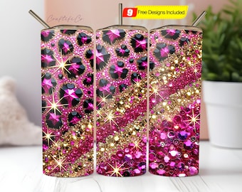 Hot Pink Glitter Leopard Tumbler Wrap 20 Oz Skinny Tumbler Sublimation Design Straight & Tapered Digital Download Tumbler PNG