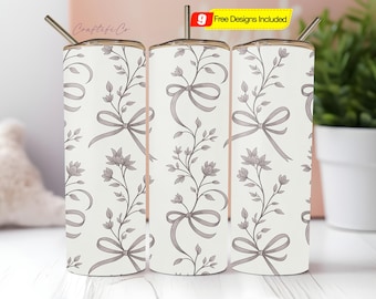 Bow Tumbler Wrap Black White Chinoiserie Grand Millennial Tumbler Cup Toile De Jouy PNG Coquette 20oz Skinny Seamless Sublimation Designs