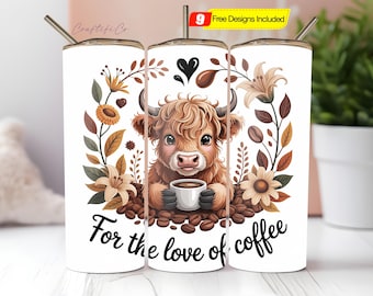 コーヒータンブラーラップ ベビーハイランドカウ 20オンス PNG タンブラーラップ 昇華デジタルダウンロード