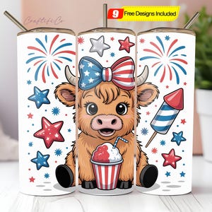 Highland Cow 4th Of July 20 oz Skinny Tumbler Sublimation Design Png, Highland Cow Tumbler Wrap, 4th Of July Tumbler Wrap, Digital Download