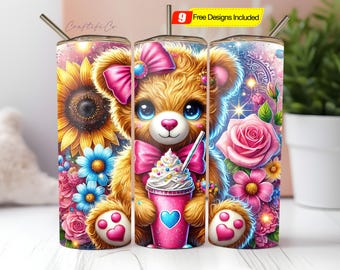 Schattige teddybeer coquette strik beker wrap ontwerp, meisje beker wrap, 20 oz magere beker sublimatie ontwerp digitale download png Instant