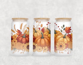 Fall Pumpkins Flowers, Country Autumn Leaves, 16 Oz Libbey Glass Design, Can Wrap Sublimation PNG Design, Glass Tumbler Cup Digital Download