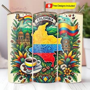 May include: Three stainless steel tumblers with a vibrant design showcasing the map of Colombia, its flag, and iconic buildings. Each tumbler has a straw and is adorned with coffee beans and floral elements.