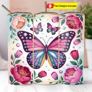 Pink Glitter Butterflies 20 oz Skinny Tumbler Sublimation PNG, Diamond Butterfly Tumbler Designs, Watercolor, Skinny/Straight Digital
