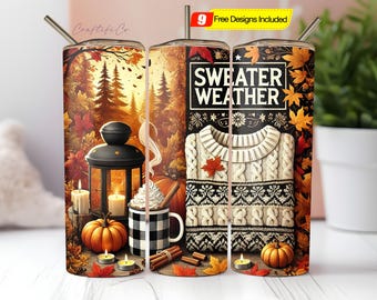 Fall Sweater Weather Tumbler Wrap PNG, Seamless 20 oz Tumbler Wrap, Sublimation Design, Fall Vibes, Cozy Coffee, Autumn Leaves, PNG Download