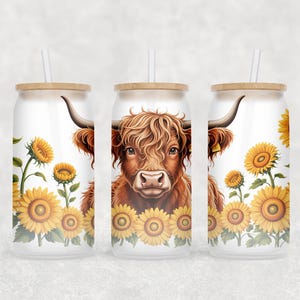 Baby Highland Cow, Sunflowers 16 Oz Libbey Glass PNG, Libbey Can Wrap Sublimation Design, Frosted Glass Tumbler Cup PNG Digital Download