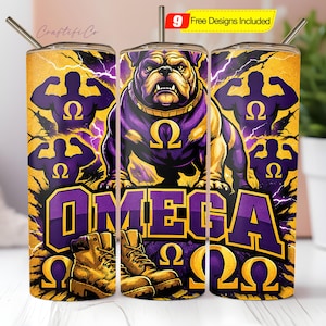 May include: A set of three stainless steel tumblers with a wraparound design featuring a bulldog, the word "OMEGA", and the Greek letter omega in purple and gold. The design includes lightning bolts and silhouettes of muscular figures.