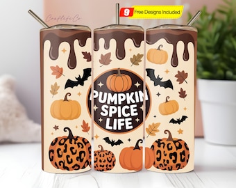 May include: A set of three stainless steel tumblers with lids and straws. The tumblers feature a fall-themed design with pumpkins, bats, and the text "Pumpkin Spice Life". The top of the tumblers have a chocolate drizzle design.