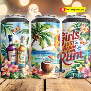 May include: Three colourful can coolers with tropical designs. The first cooler features a palm tree, a beach scene, and two bottles of rum. The second cooler features a palm tree, a beach scene, and a coconut drink. The third cooler features a tropical design with the text "Girls Just Wanna Have Rum".