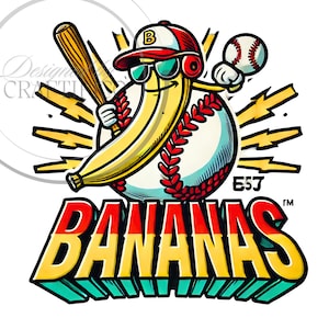 Let&#39;s Go Bananas Baseball PNG Sports Team Mascot Funny Banana Playing Baseball Sublimation Digital Download Printable Shirt Apparel Clipart