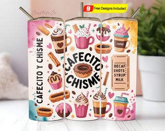 Cafecito Y Chisme Sublimation Tumbler Full Wrap PNG, 20 oz Straight Tumbler Wrap, Trending, Best Sellers, Pink, Conchas, Pan Dulce