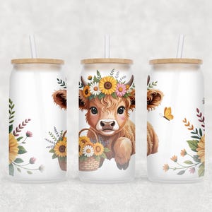 Sunflowers Highland Cow 16oz Wrap PNG, Summer Flowers Frosted Glass Sublimation Design, Watercolor Floral Libbey Cup Png, Cute Animal PNG