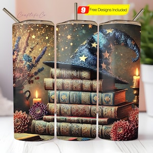Witch Tumbler Wrap, Witchy Books Sublimation Designs PNG, Halloween Witch Cauldron 20 Oz Tumbler Sublimation Designs Seamless Wrap Download