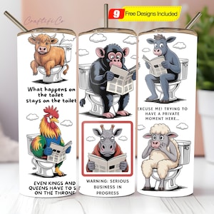 Divertente bicchiere da toilette con animale in formato PNG, file di sublimazione sottile da 20 once, design umoristico per il bagno, idea regalo divertente per download digitale