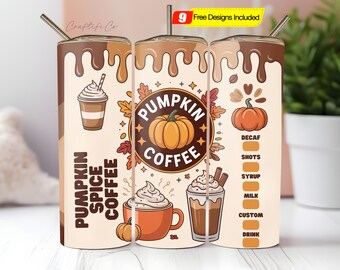 May include: Three stainless steel tumblers with pumpkin spice coffee designs. The tumblers feature illustrations of coffee cups, pumpkins, and fall leaves. The text on the tumblers reads "Pumpkin Spice Coffee". Each tumbler has a stainless steel straw.
