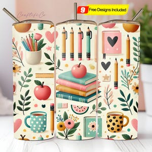 Cute Teacher Themed Tumbler Wrap PNG 20oz Skinny Sublimation Design Coffee Books, School Supplies Digital Download for Educators Teacher