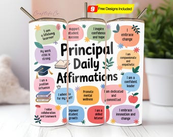 20oz Seamless Principal Daily Affirmations Skinny Tumbler Sublimation PNG, Principal tumbler, Affirmation tumbler