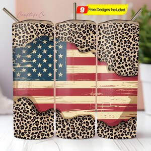 Leopard American Flag 20 oz Skinny Tumbler Sublimation Design PNG, Patriotic Tumbler Template, USA Flag Tumbler Design