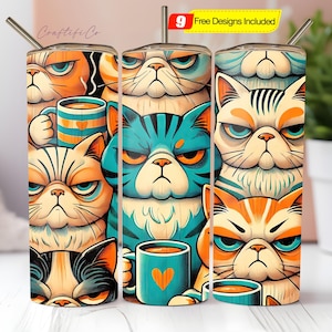 Coffee Sublimation Tumbler Wrap PNG Design Download File, Cats PNG Kitchen Glass Sublimate 20oz Tumbler Wrap Design Printable Digital File