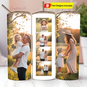 May include: Three stainless steel tumblers with family photos and a straw. The center tumbler has a vertical photo strip. The tumblers feature images of a family, including a child holding a sign that says "Little Brother". The tumblers have a yellow banner that says "9 Free Designs Included".