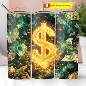 May include: Three stainless steel tumblers with a money-themed design. The design features a glowing dollar sign in the center, surrounded by floating dollar bills and a nebula background. Each tumbler has a silver straw.