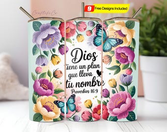 Spanish Bible Verse Tumbler Wrap: Floral Butterfly Design PNG Digital Download