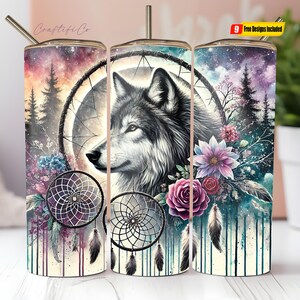 May include: Three stainless steel tumblers with a wolf, dreamcatcher, and floral design. The tumblers have a watercolor effect with shades of pink, purple, blue, and green.