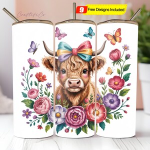 Seamless Highland Cow Tumbler Wrap PNG, 20oz Skinny Sublimation Tumbler Design, Highland Cow Sublimation Design, Floral Tumbler Download