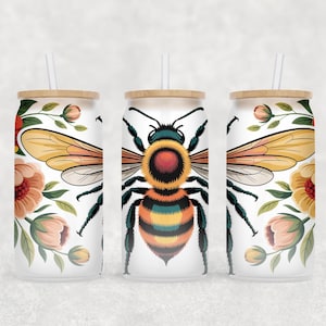 Bee Flower 16 Oz Libbey Glass PNG, Summer Drink Libbey Can Wrap, Honey Bee Sublimation PNG Design, Frosted Glass Tumbler Digital Download