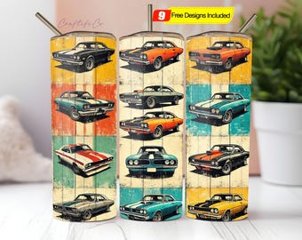 Muskelauto-Becherverpackung, Vintage Car Design PNG, gerade und konische Verpackung, Oldtimer-Sublimation, Auto-Liebhaber-Becher, Retro-Car-Wrap-Design