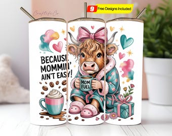 Highland Cow Mom Tumbler Wrap PNG, Projekt Miłośnika Kawy, 20 oz Skinny Sublimacja png, Zabawny Prezent Do Pobrania Cyfrowego dla Mam