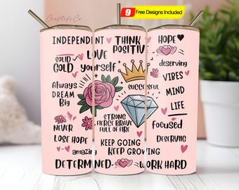 Positive Affirmations Tumbler Wrap PNG, Inspirational Quotes and Pink Design 20oz Skinny Tumbler Sublimation Digital Download Png