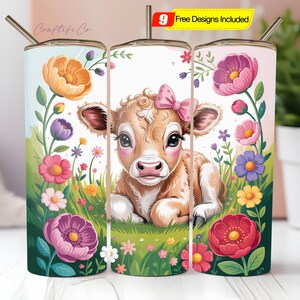 Cute Highland Cow Tumbler Wrap Floral Animal Flowers Coquette Bow Design 20 oz Skinny Sublimation PNG Digital Download