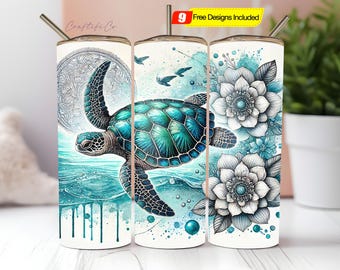 Sea Turtle Tumbler Sublimation, 20oz Skinny Tumbler Design, Beach Tropical Coffee Tumbler Wrap for Summer Crafts, PNG Digital Download