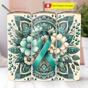 Ovarian Cancer Tumbler Wrap PNG, Ovarian Cancer Awareness 20 Oz Skinny Sublimation Wrap, Teal Ribbon Tumbler Design Digital Download
