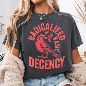 以下が含まれることがあります： 「RADICALIZED BY BASIC DECENCY」の赤い文字が入った濃いグレーのTシャツ。小枝をくわえた赤い鳥のグラフィックがシャツの中央に配置されています。このTシャツは柔らかい素材で作られています。
