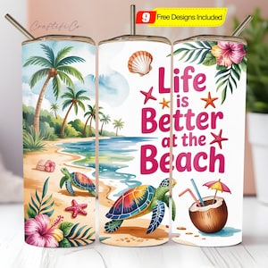 Beach Tumbler Wrap PNG, Sublimation Digital Download, 20 oz Skinny Tumbler Design, Summer Sea Turtle Starfish Png Digital Download Only