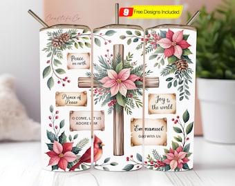 May include: A set of three stainless steel tumblers with a Christmas theme. Each tumbler features a cross design with poinsettias, greenery, and text. The tumblers are decorated with the phrases "Peace on Earth", "Prince of Peace", "Joy to the World", and "Emmanuel, God With Us".