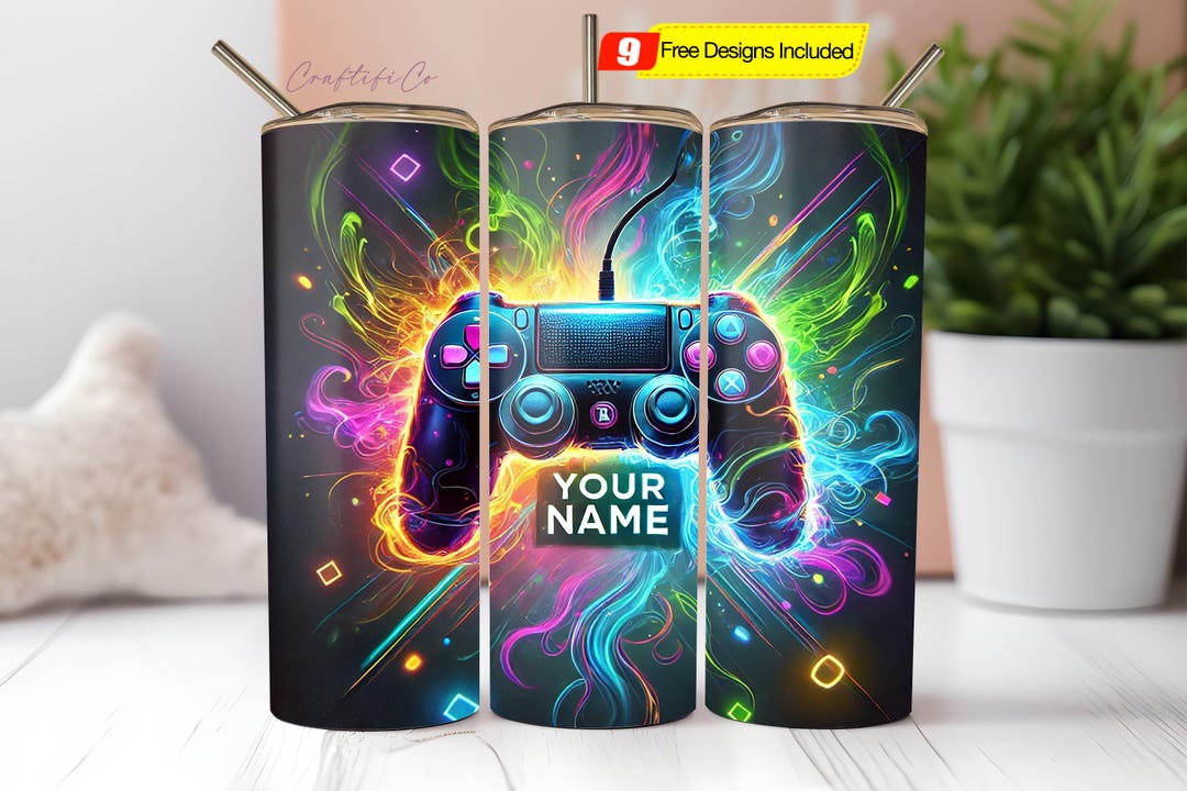 Game Controller 20 Oz Skinny Tumbler Sublimation Design Neon Gamer Name ...