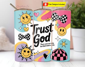 Christian Tumbler Wrap Trust God Retro Smile Colorful PNG Seamless Sublimation 20 oz Tumbler Design Instant Digital Download