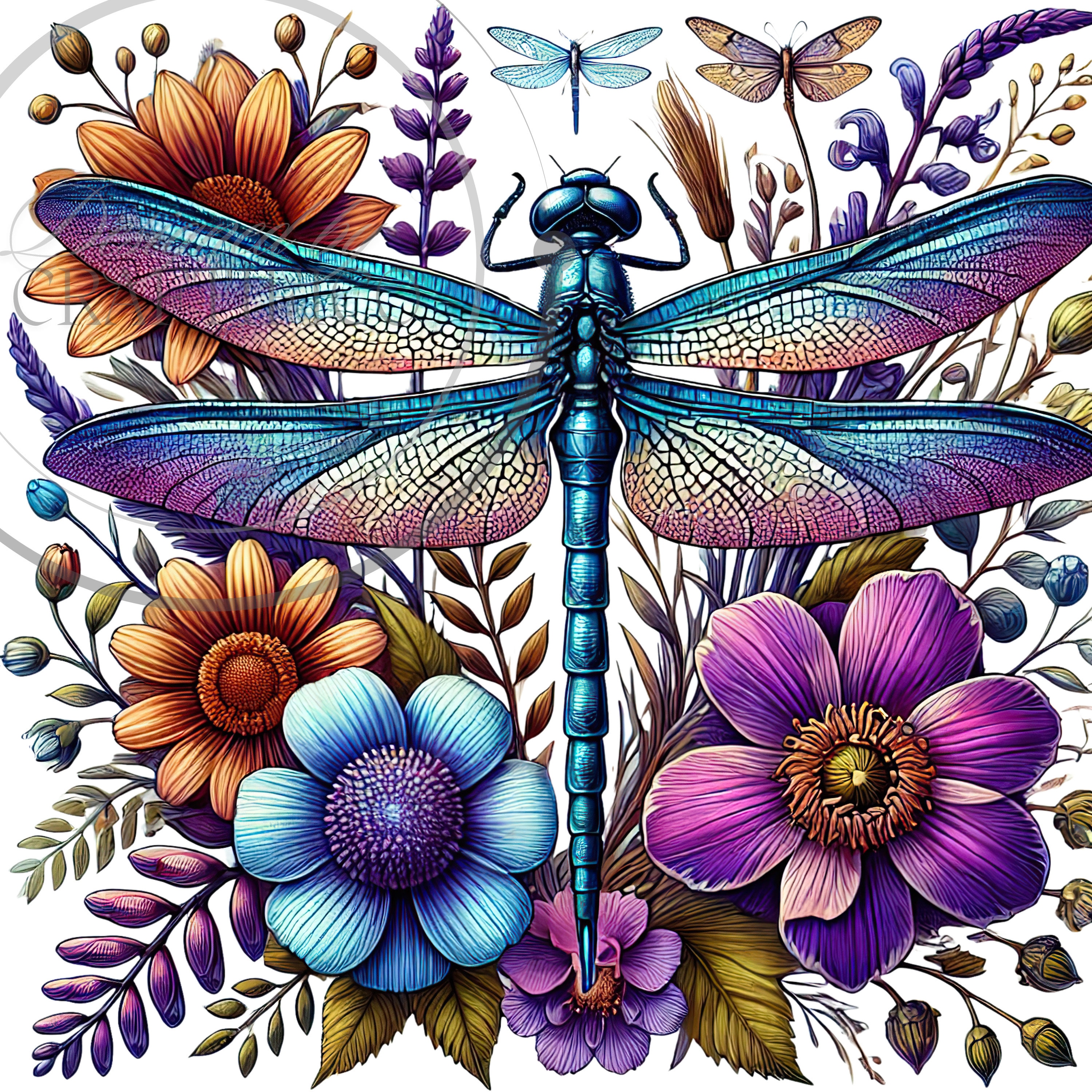 Watercolor Dragonfly Floral Clipart Sublimations Bundle, Insect PNG ...