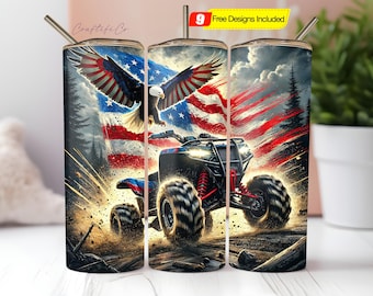 May include: A tumbler featuring an American flag, an eagle, and an ATV. The design includes a red, white, and blue color scheme with a forest background. The tumbler has a silver straw and the text "9 Free Designs Included".